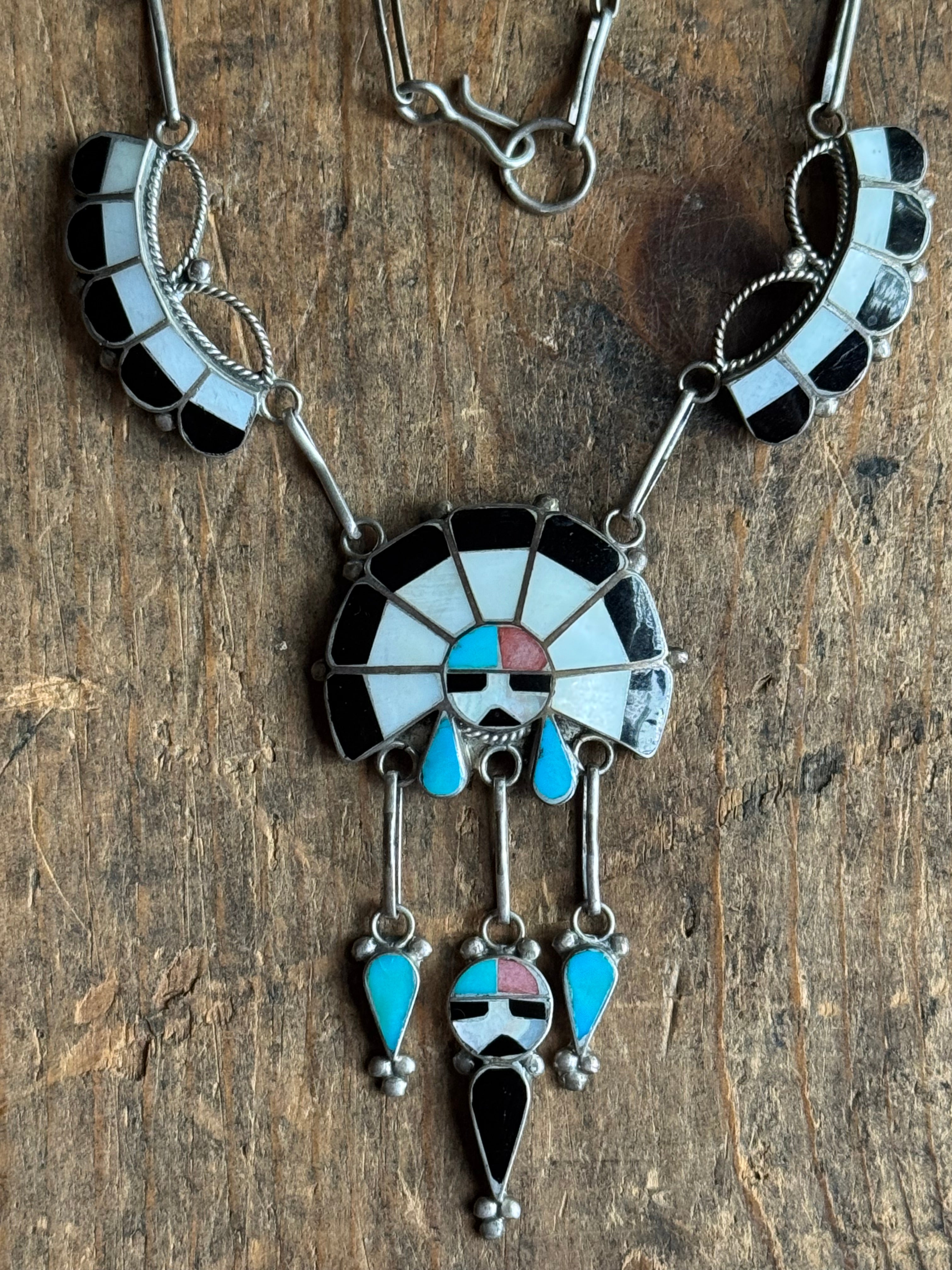 Vintage Sterling Silver Navajo Turquoise Sawcut Feather Necklace