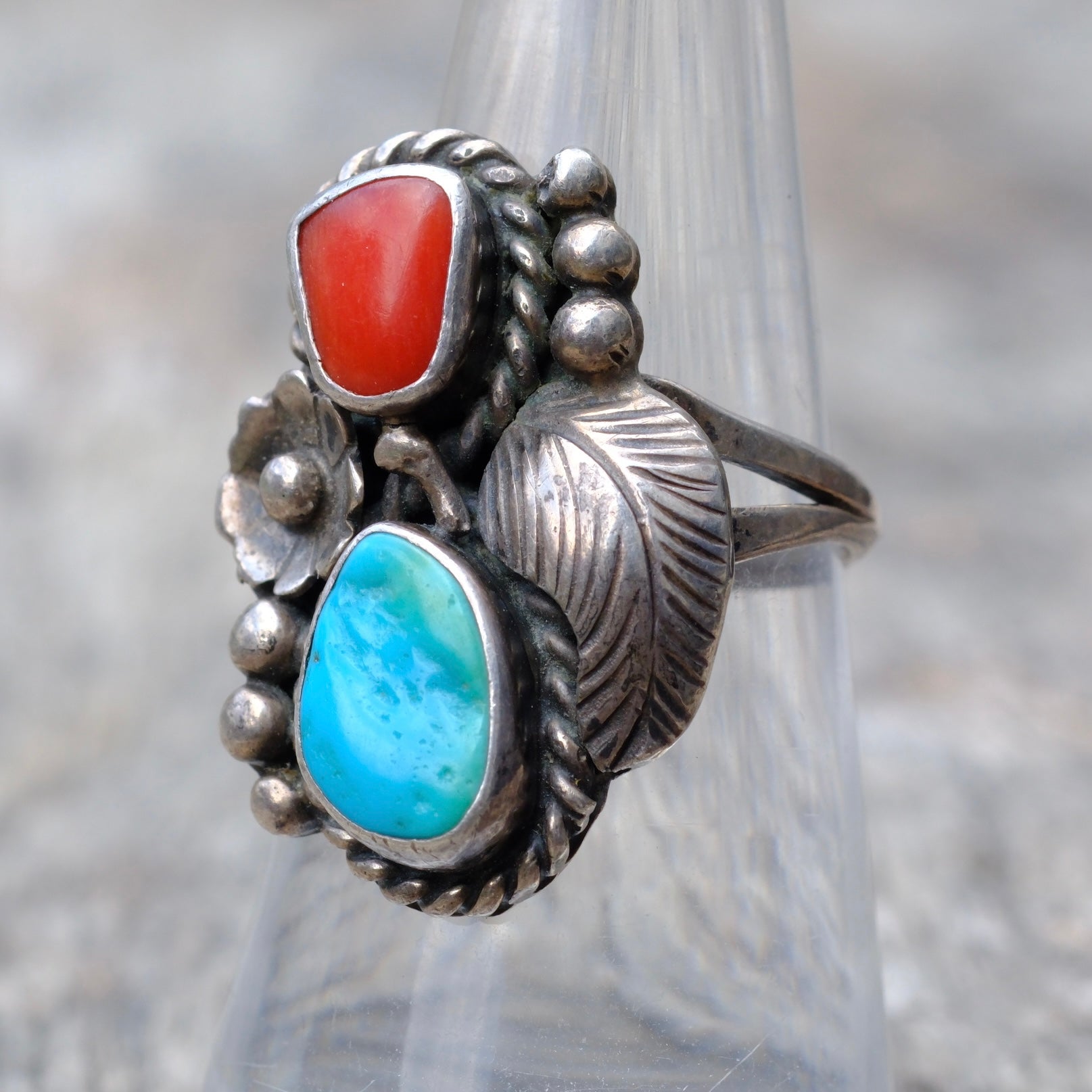 Vintage Sterling Silver Turquoise & Coral Feather Flower Ring 7