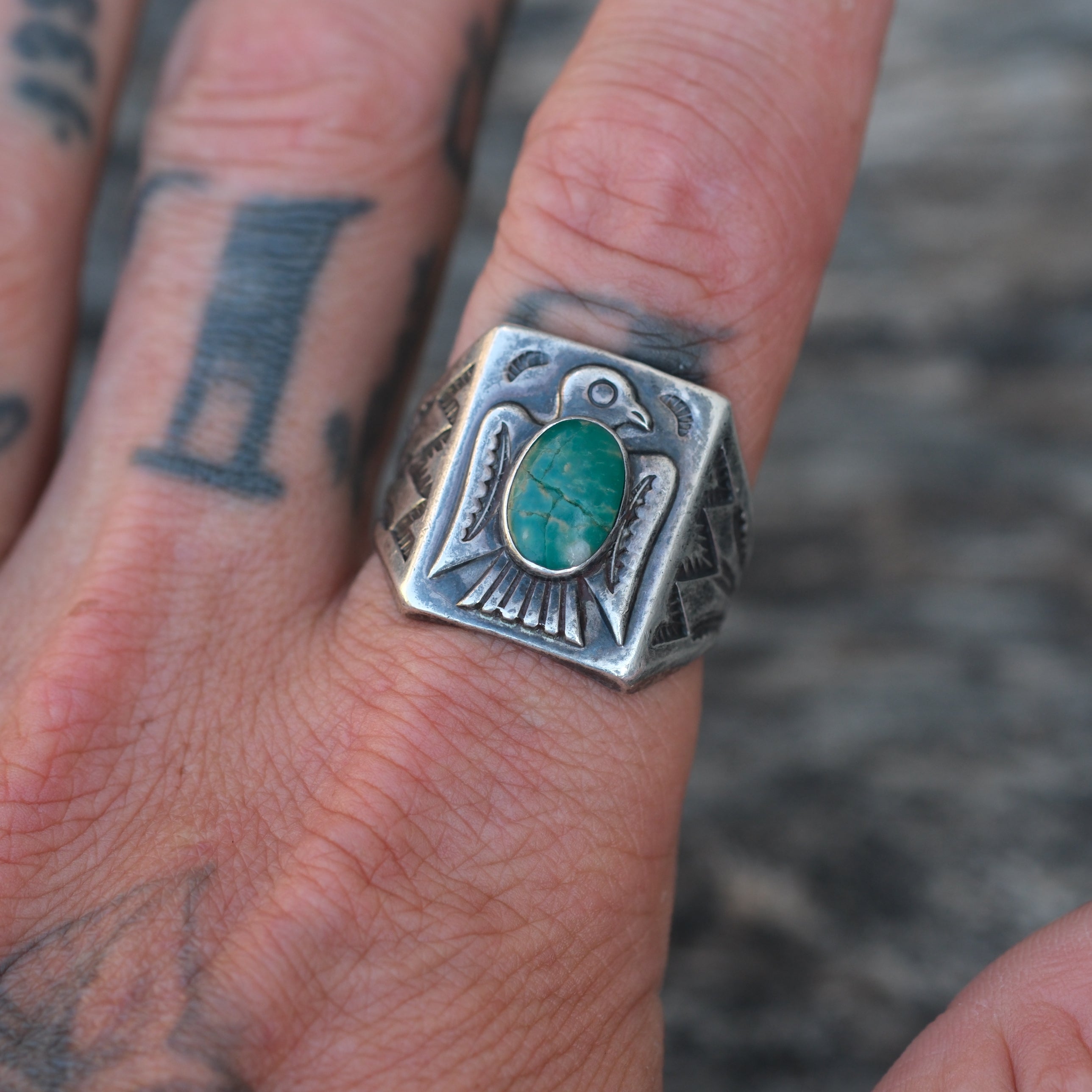 Vintage Sterling Bells Trading Post Turquoise Thunderbird Ring 10