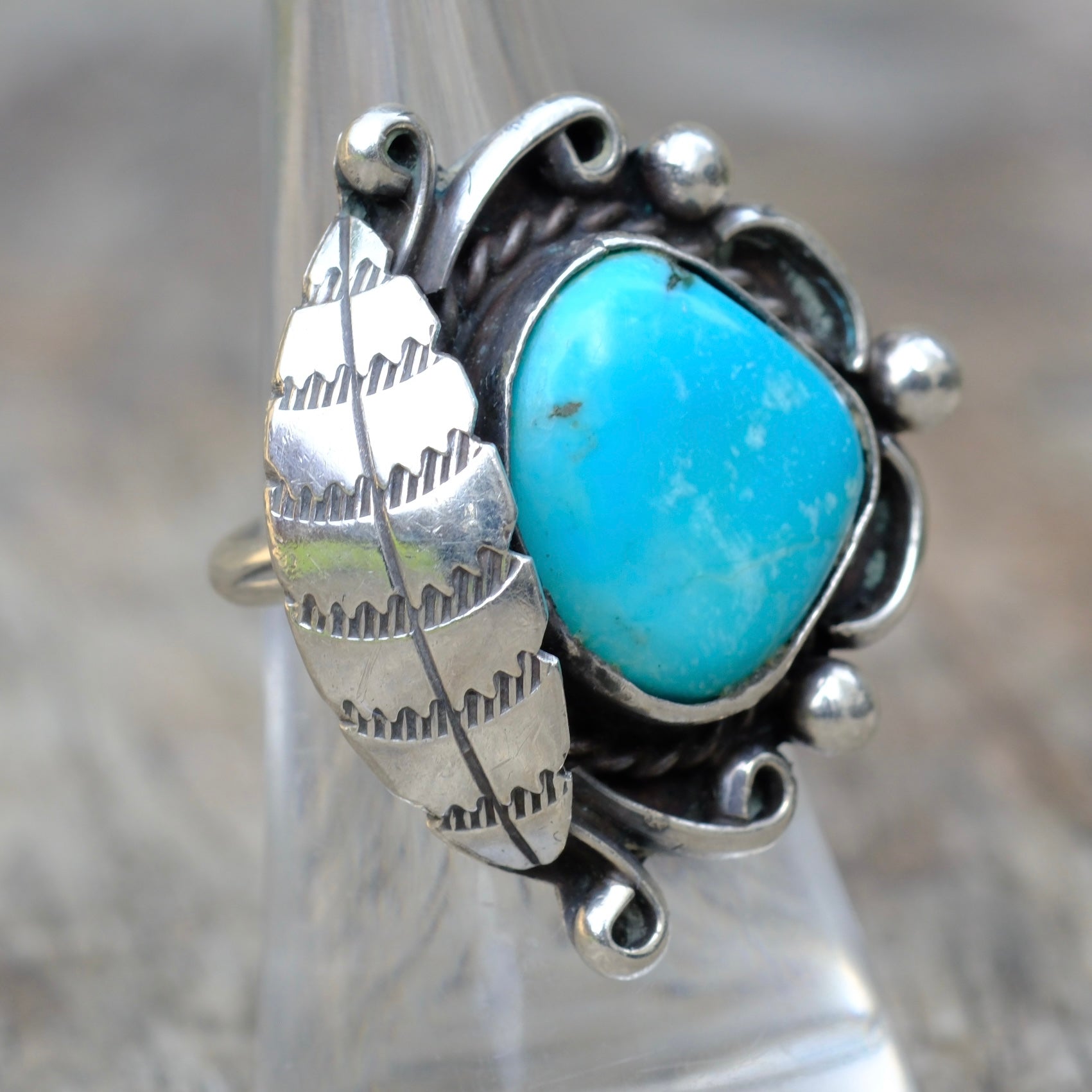 Vintage Sterling Turquoise Feather Ring 6.25