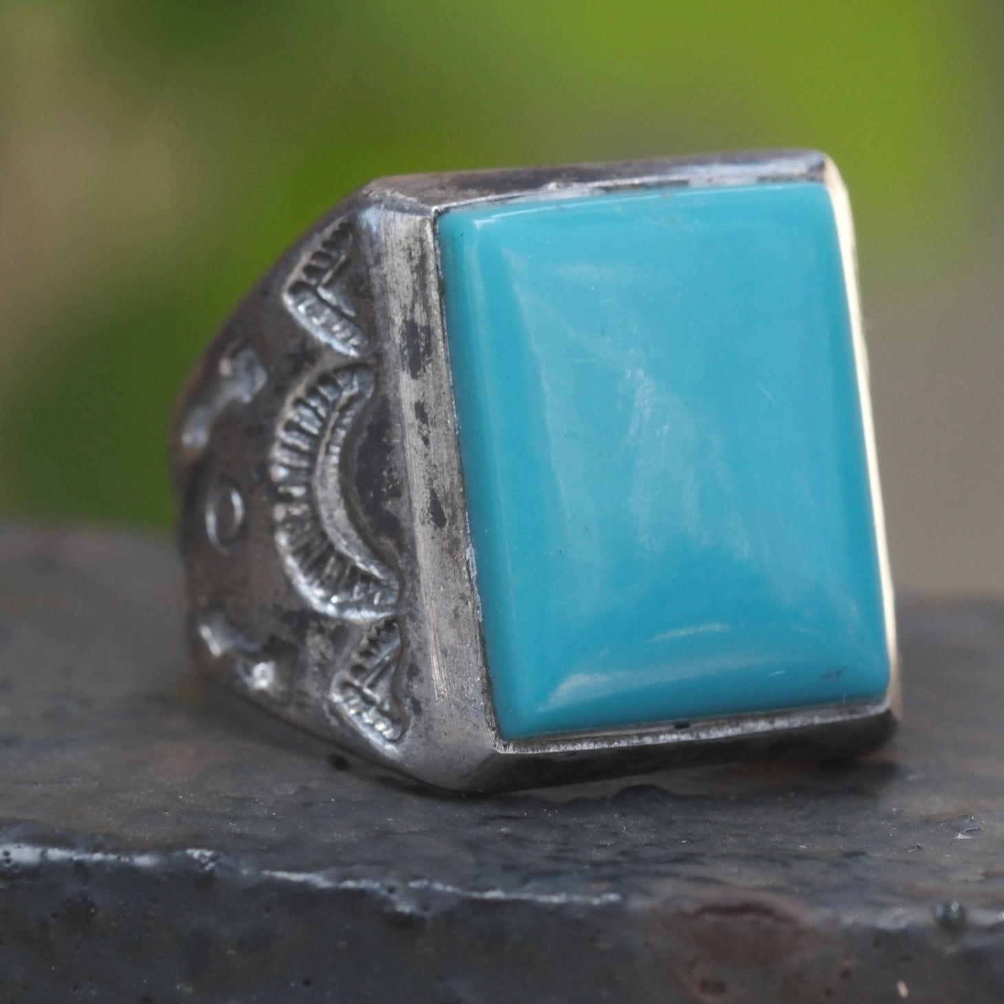 Vintage Sterling Turquoise Stamped Band Ring 8