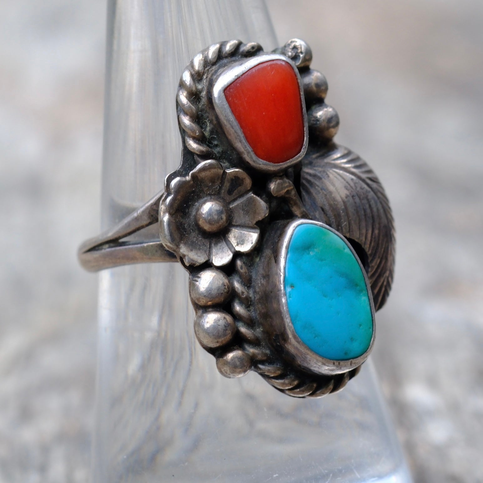 Vintage Sterling Silver Turquoise & Coral Feather Flower Ring 7