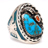 Vintage Sterling Turquoise and Coral Thunderbird Ring 9.5