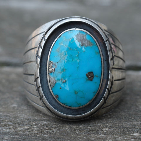 Vintage Sterling Turquoise Ribbed Band Ring 9.5