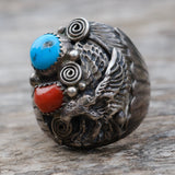 Vintage Sterling Turquoise and Coral Eagle Ring 11