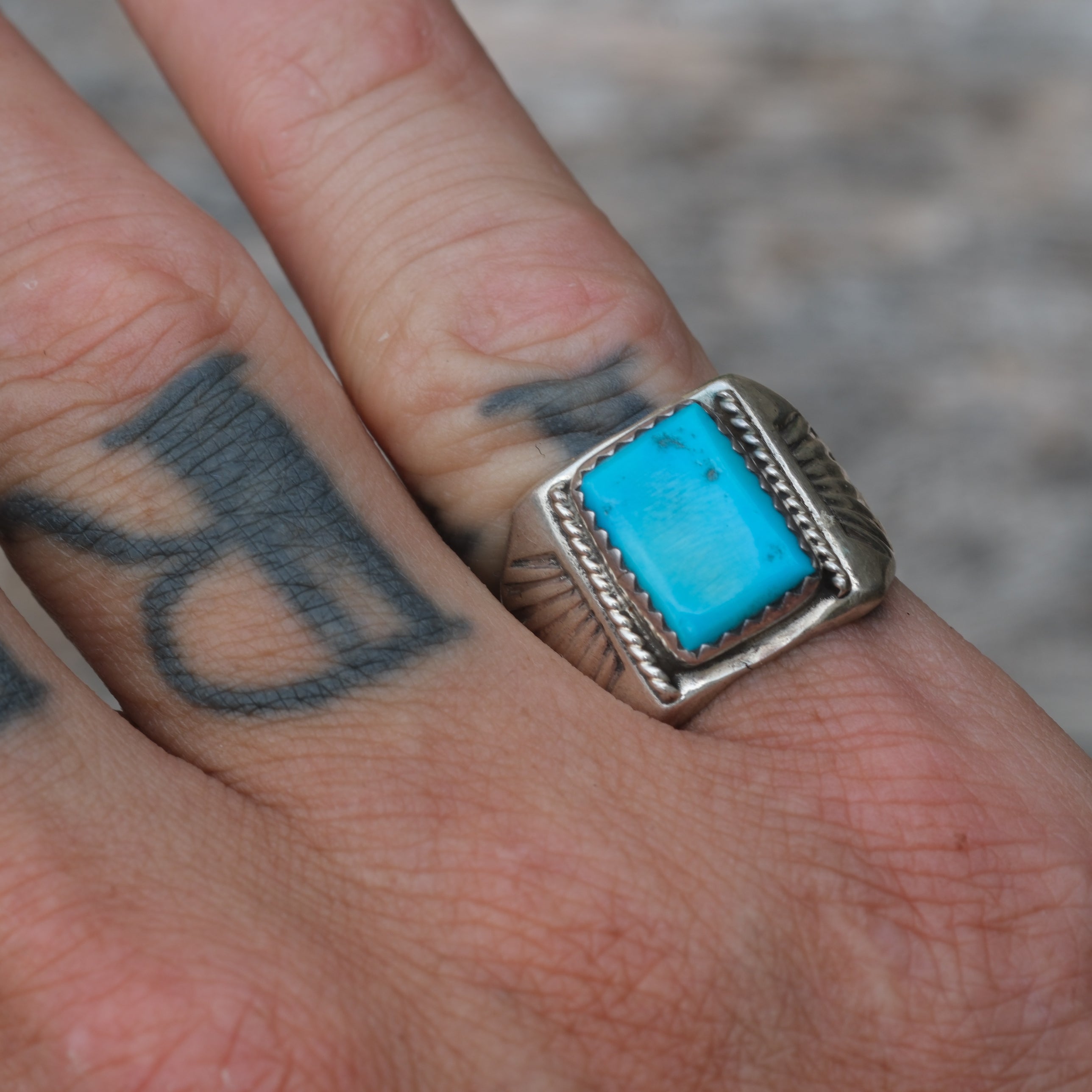 Vintage Sterling Turquoise Stamped Band Ring 7.75