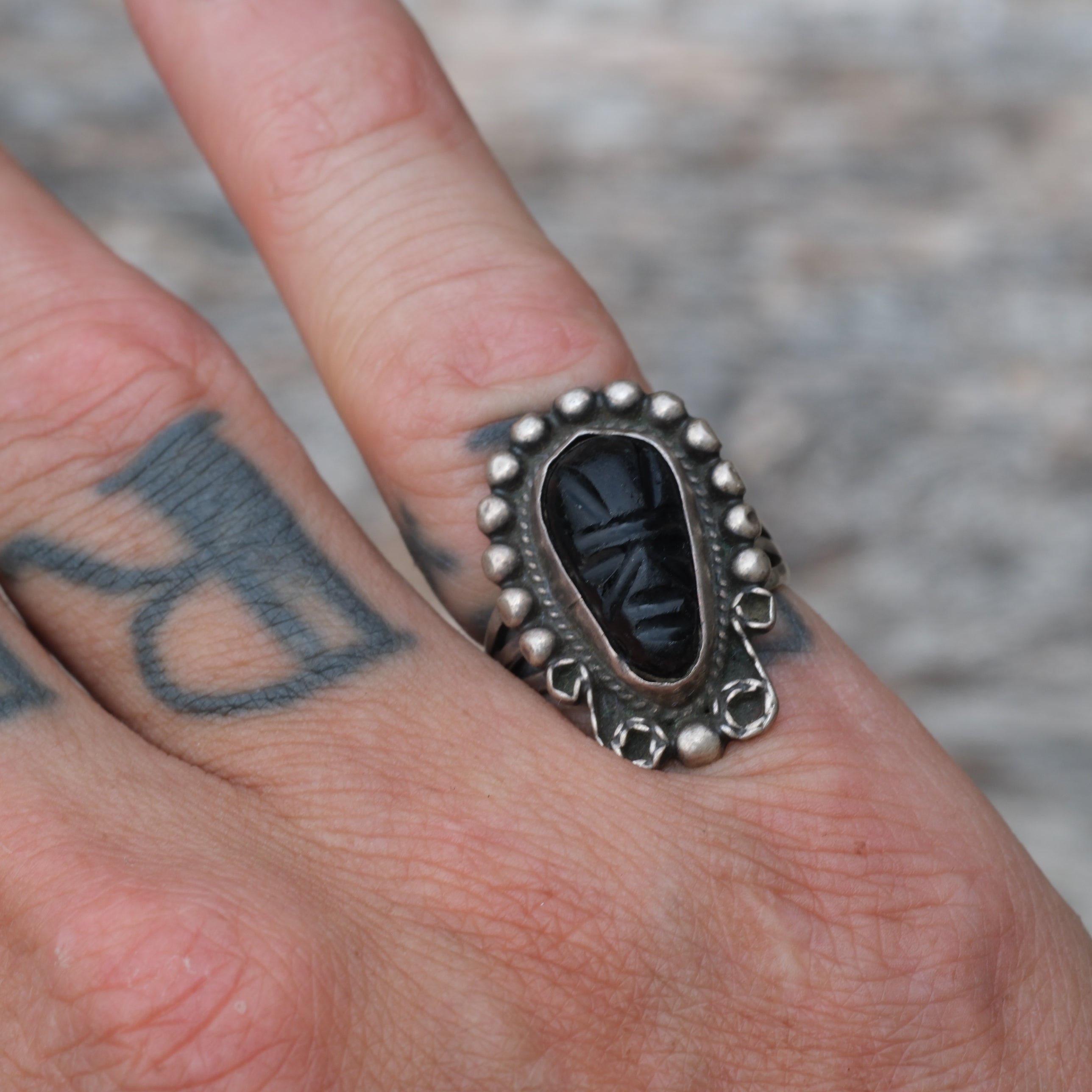 Vintage Sterling Carved Onyx Face Ring 5.5