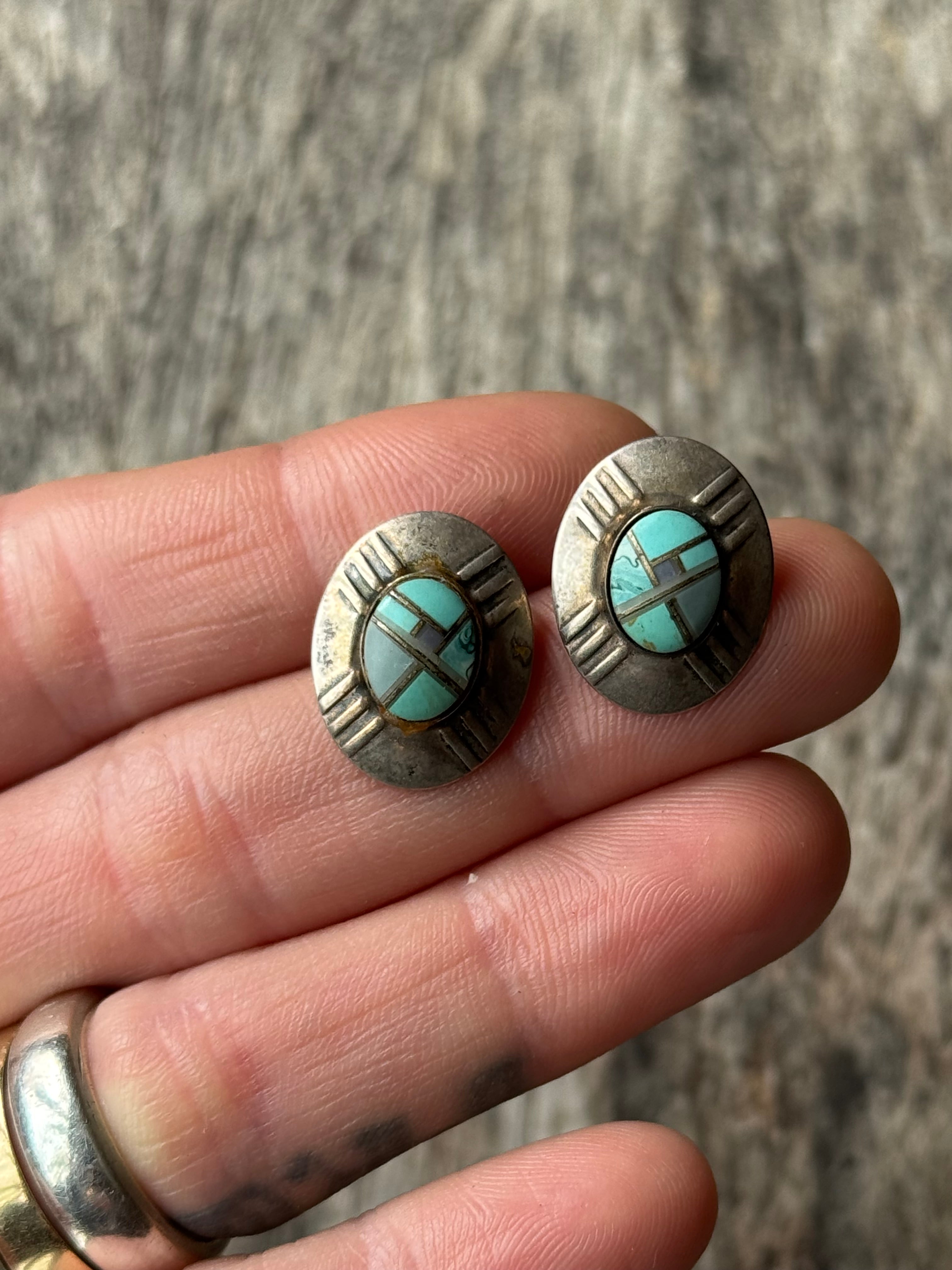 Vintage Sterling Silver Multi-Stone Inlay Stamped Earrings