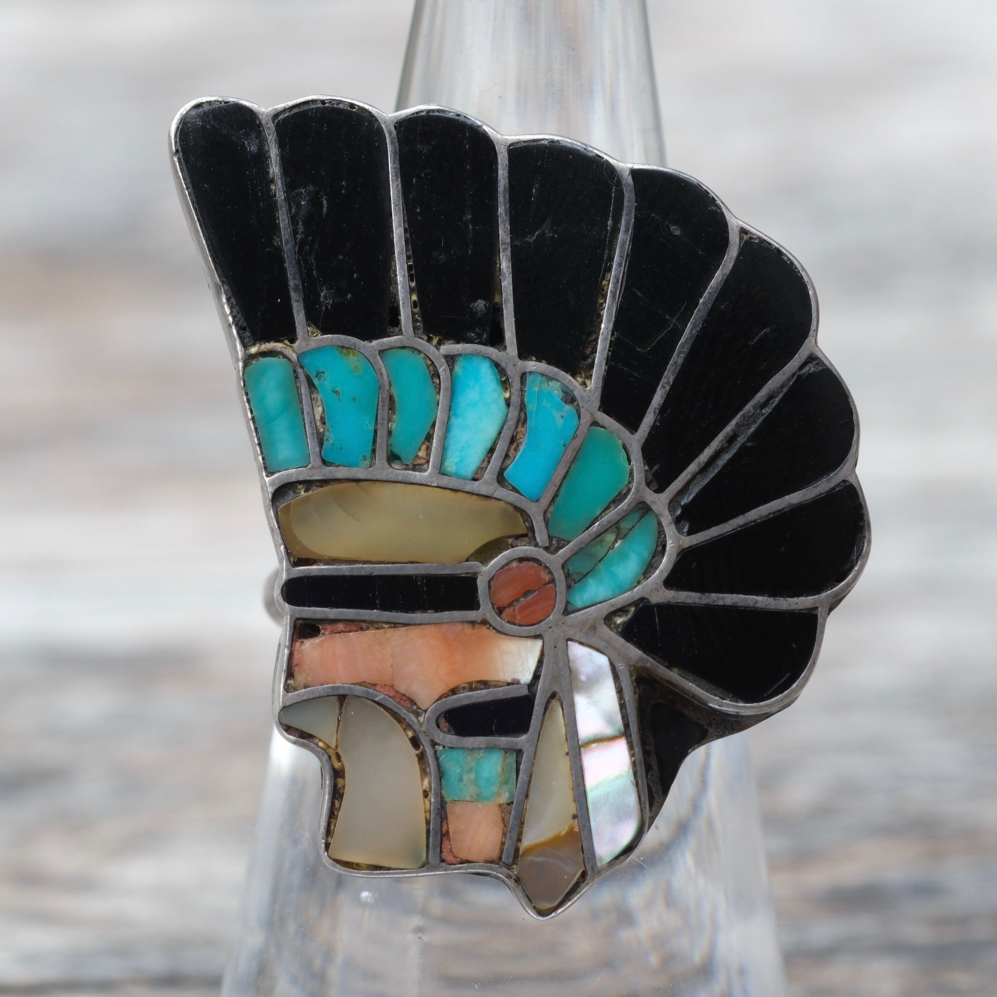 OLDER Vintage Sterling Zuni Inlay Chief Ring 7