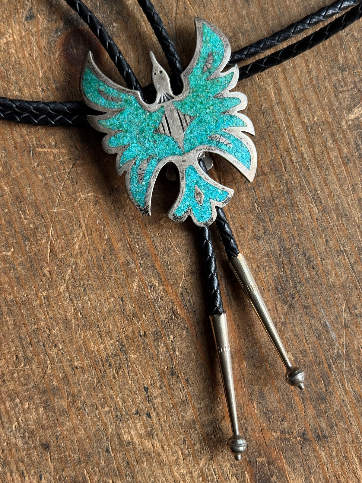 Vintage Sterling Silver Crushed Turquoise Inlay Peyote Bird Bolo