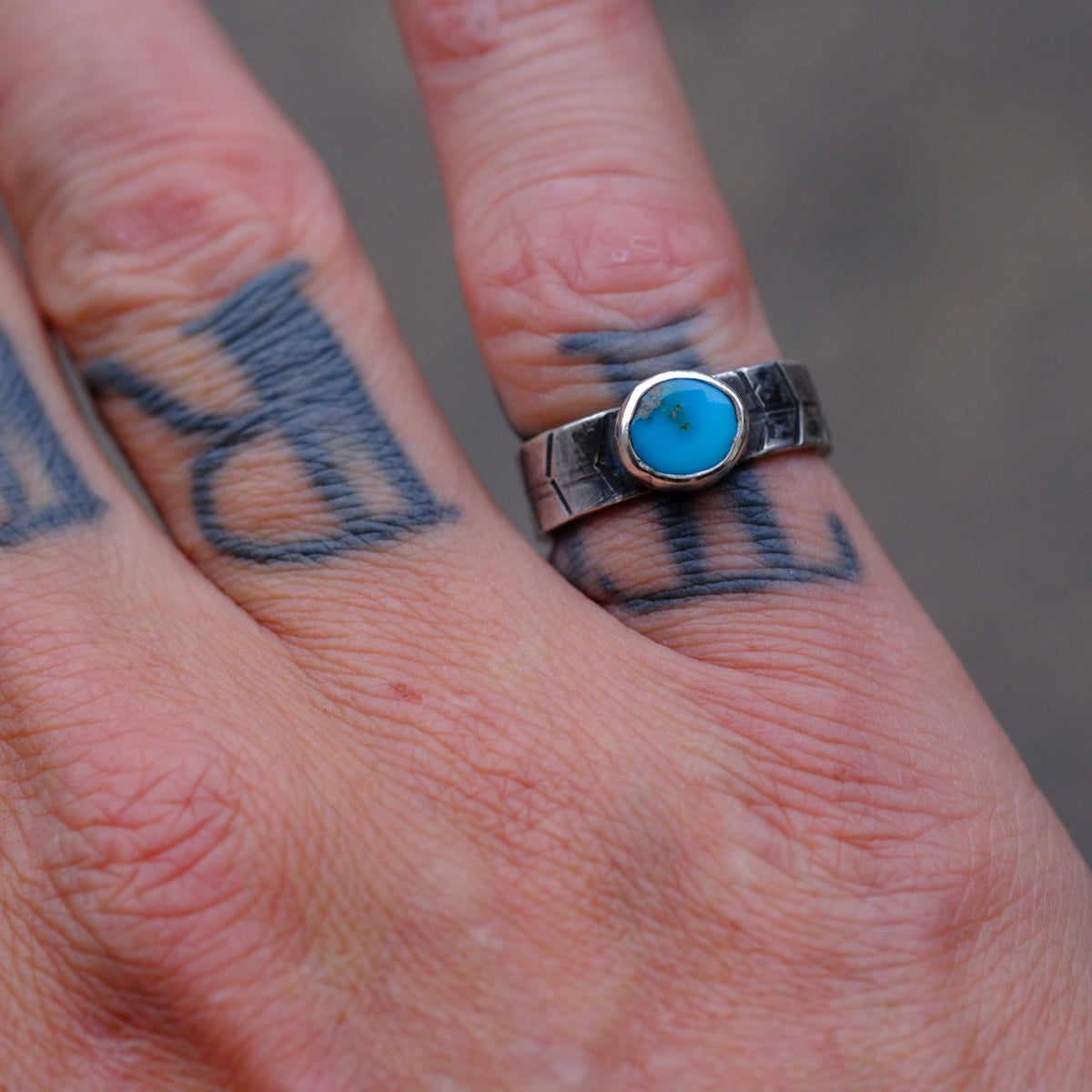 Sterling Silver Lone Mountain Turquoise Stamped Band Ring 6