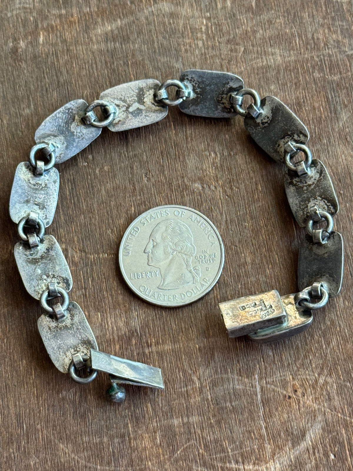 Vintage Sterling Silver 7” Onyx Inlay Chunk Square Link Bracelet