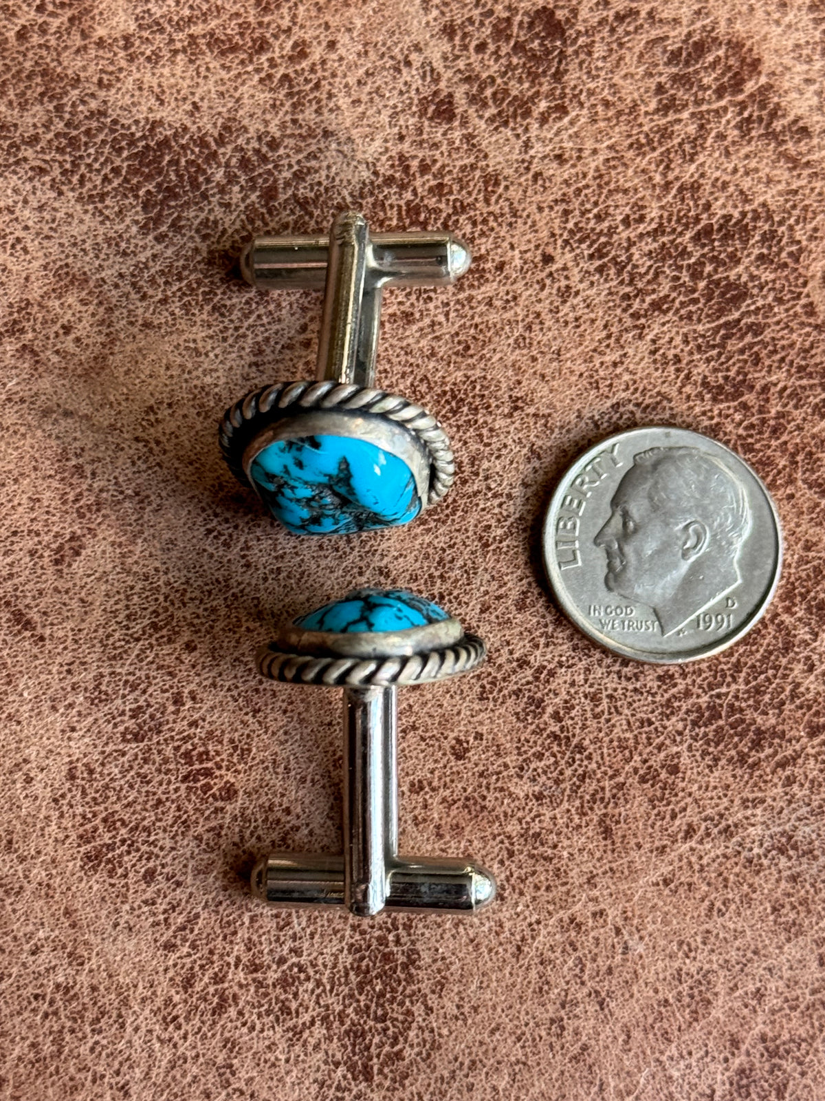 Vintage Sterling Silver Roped Turquoise Cufflinks