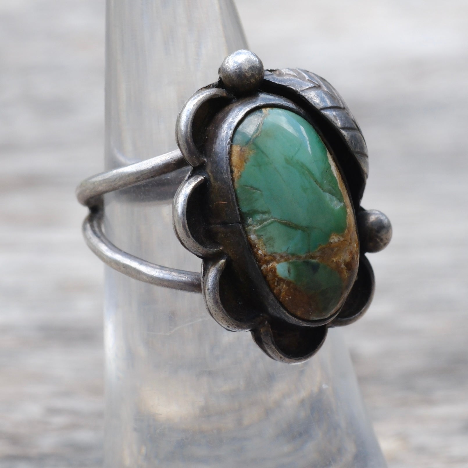 Vintage Sterling Turquoise Florette Ring 5.25