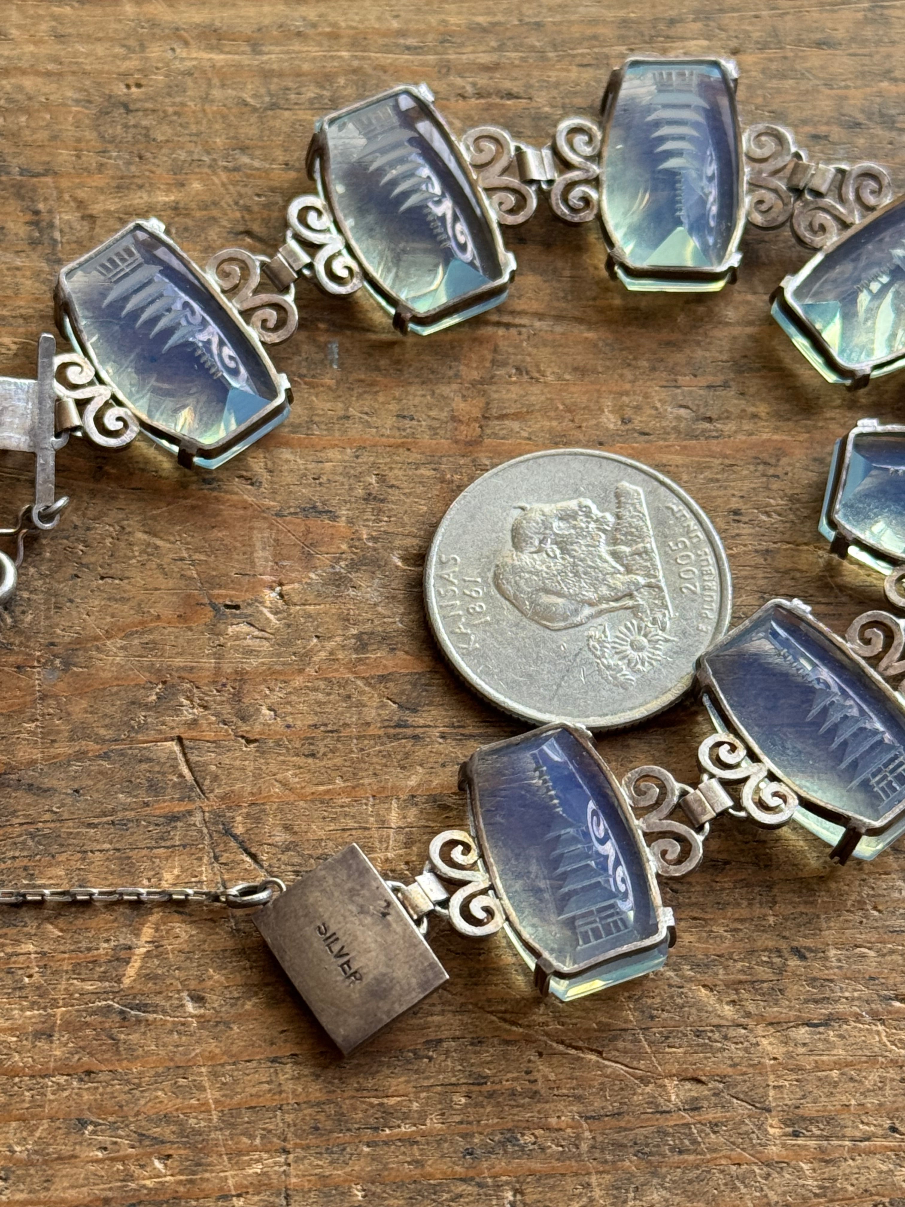 Vintage Sterling Silver Filigree Intaglio Link Bracelet