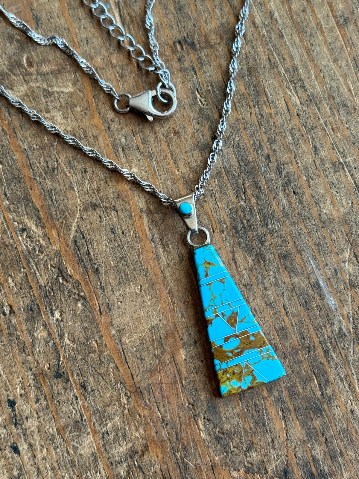 Vintage Sterling Silver Turquoise Inlay Triangle Necklace