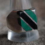 Vintage Sterling Malachite and Onyx Inlay Striper Ring 13