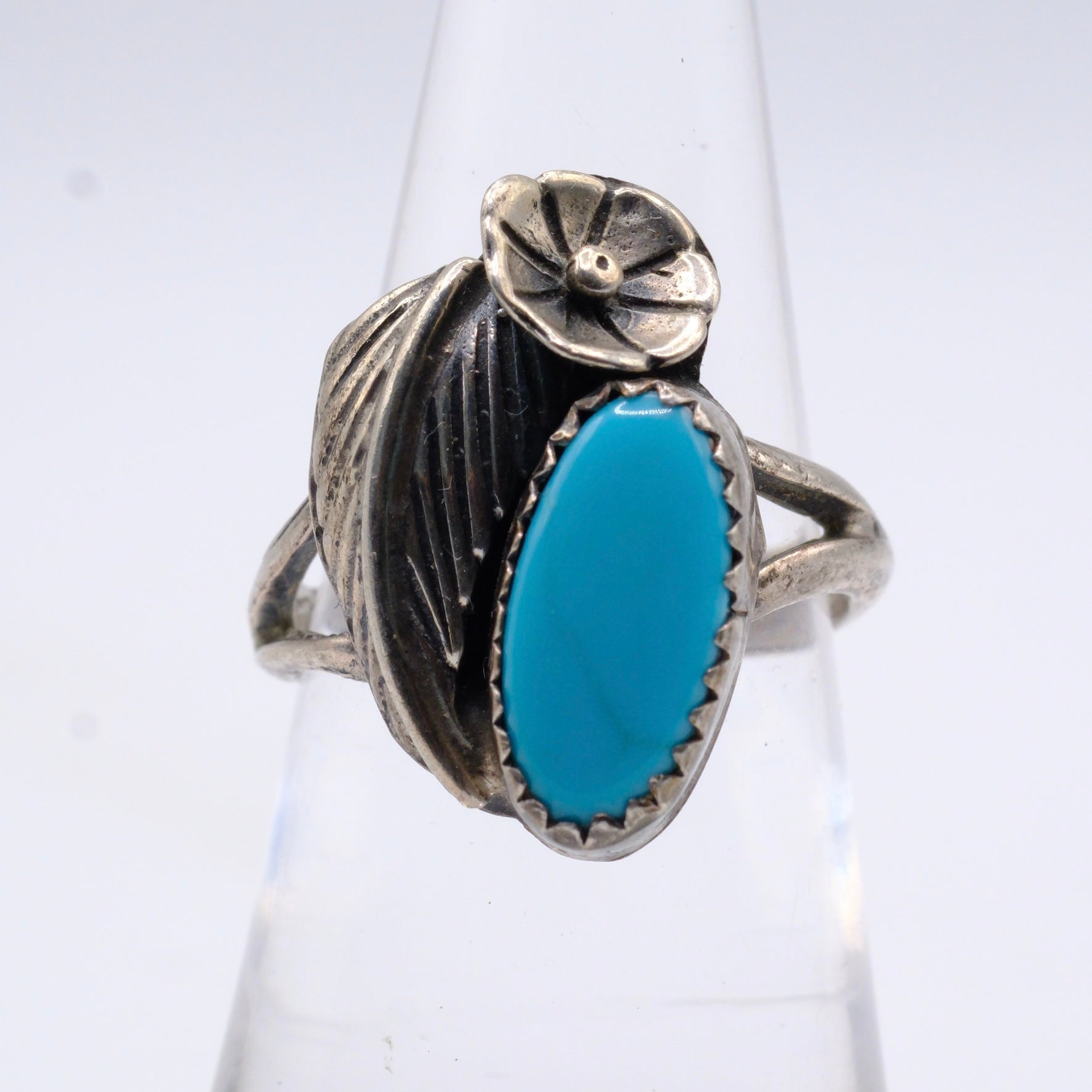 Vintage Sterling Turquoise Feather Ring 6.25