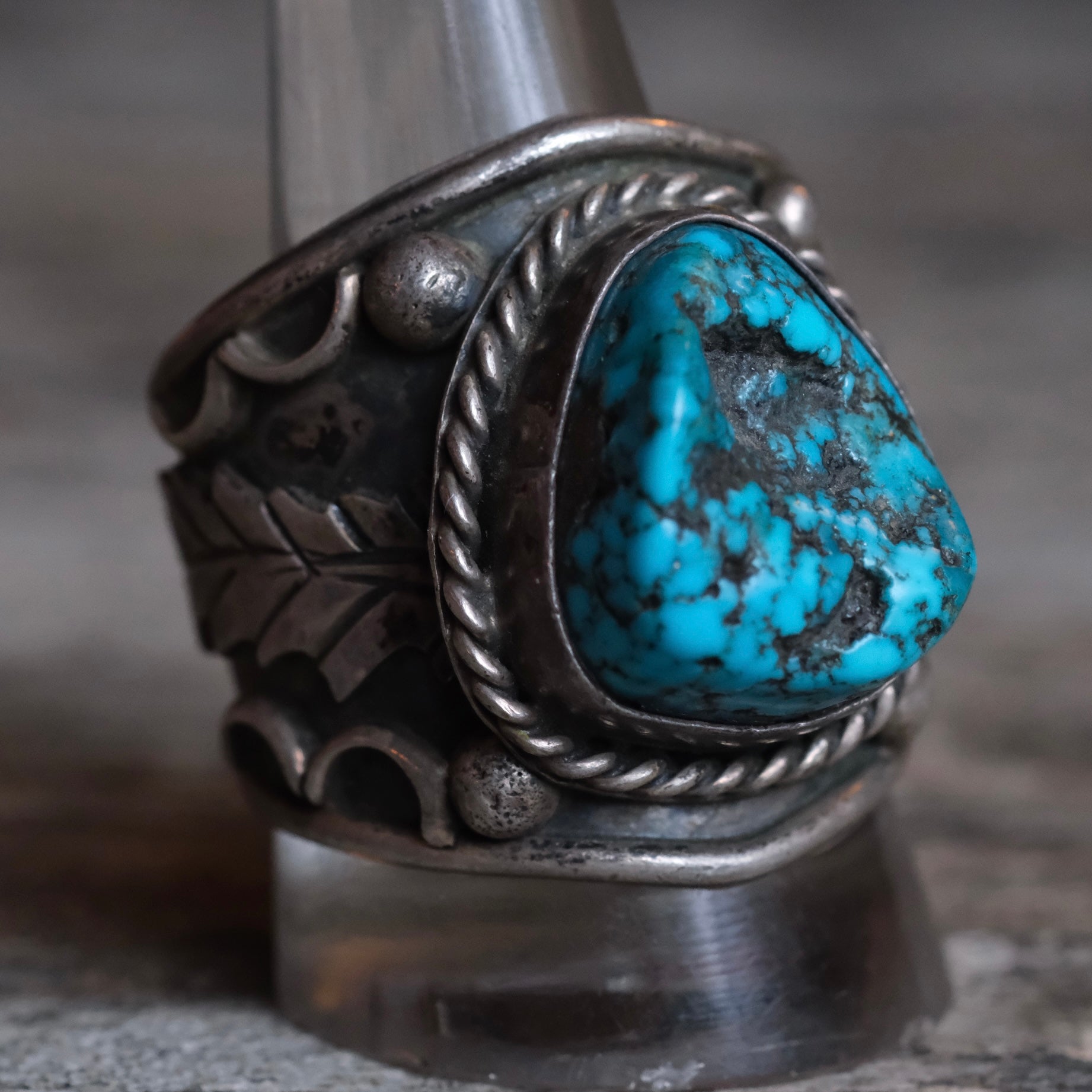 Vintage Sterling Turquoise Feather Cigar Band Ring 12