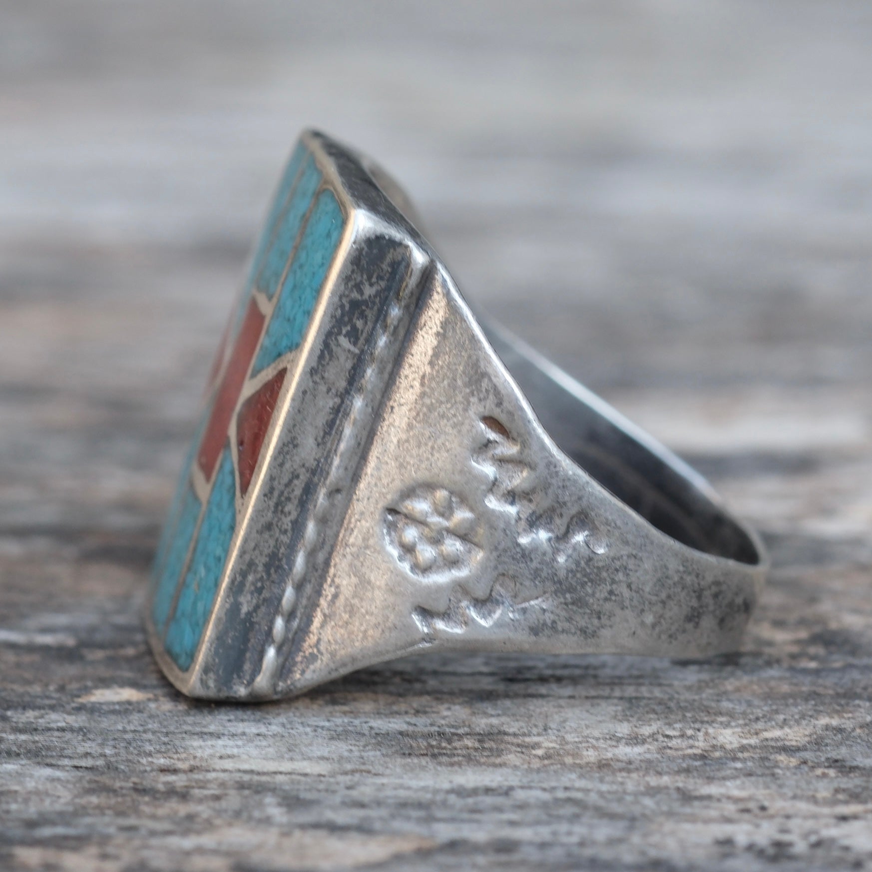 Vintage Sterling Turquoise and Coral Inlay Ring 10