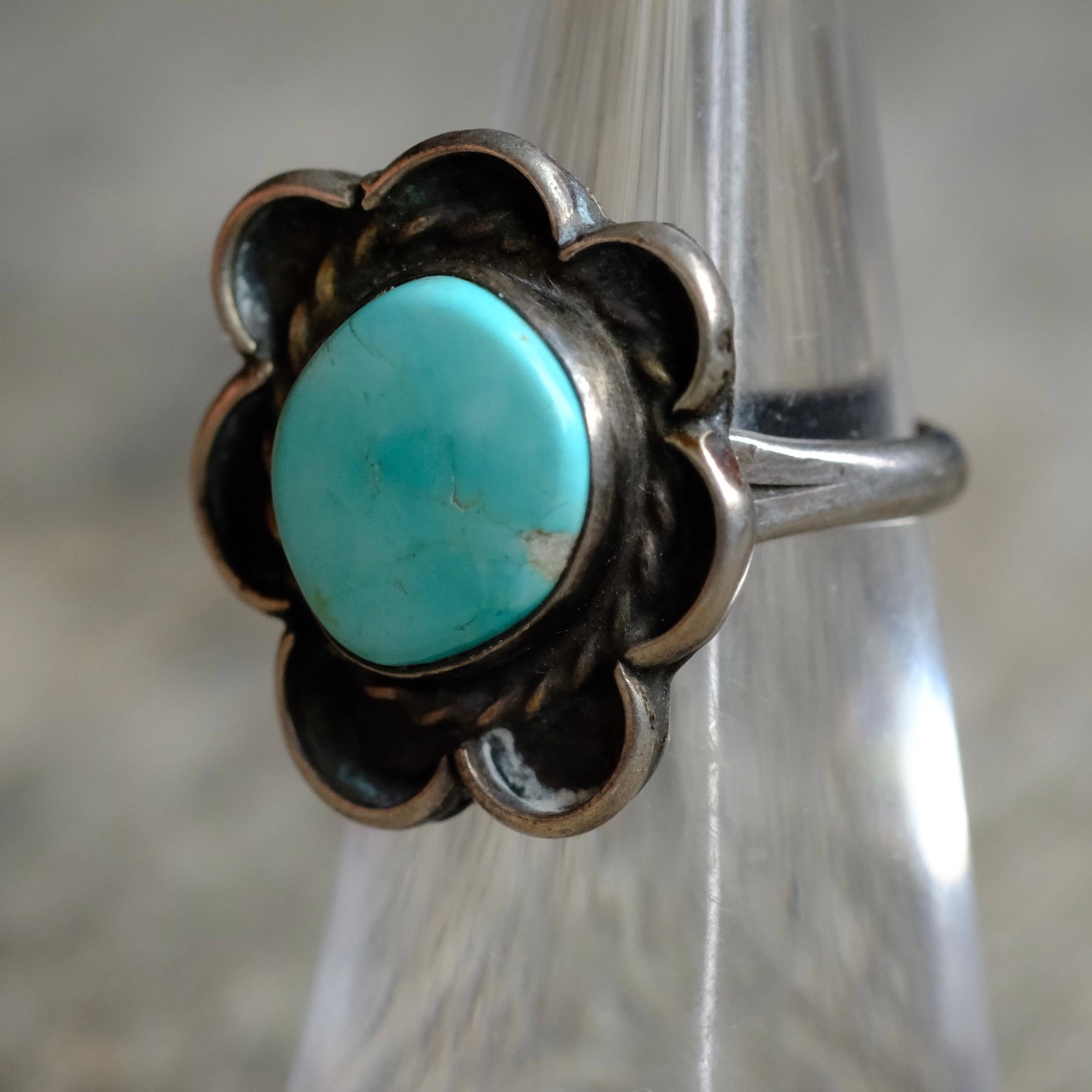 Vintage Sterling Turquoise Florette Ring 4.75