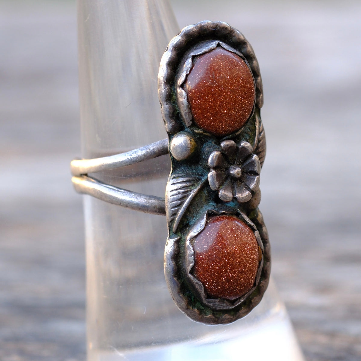 Vintage Sterling 2-Stone Goldstone Blossom Ring 7.5
