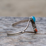 Vintage Sterling Turquoise and Coral Feather Cuff