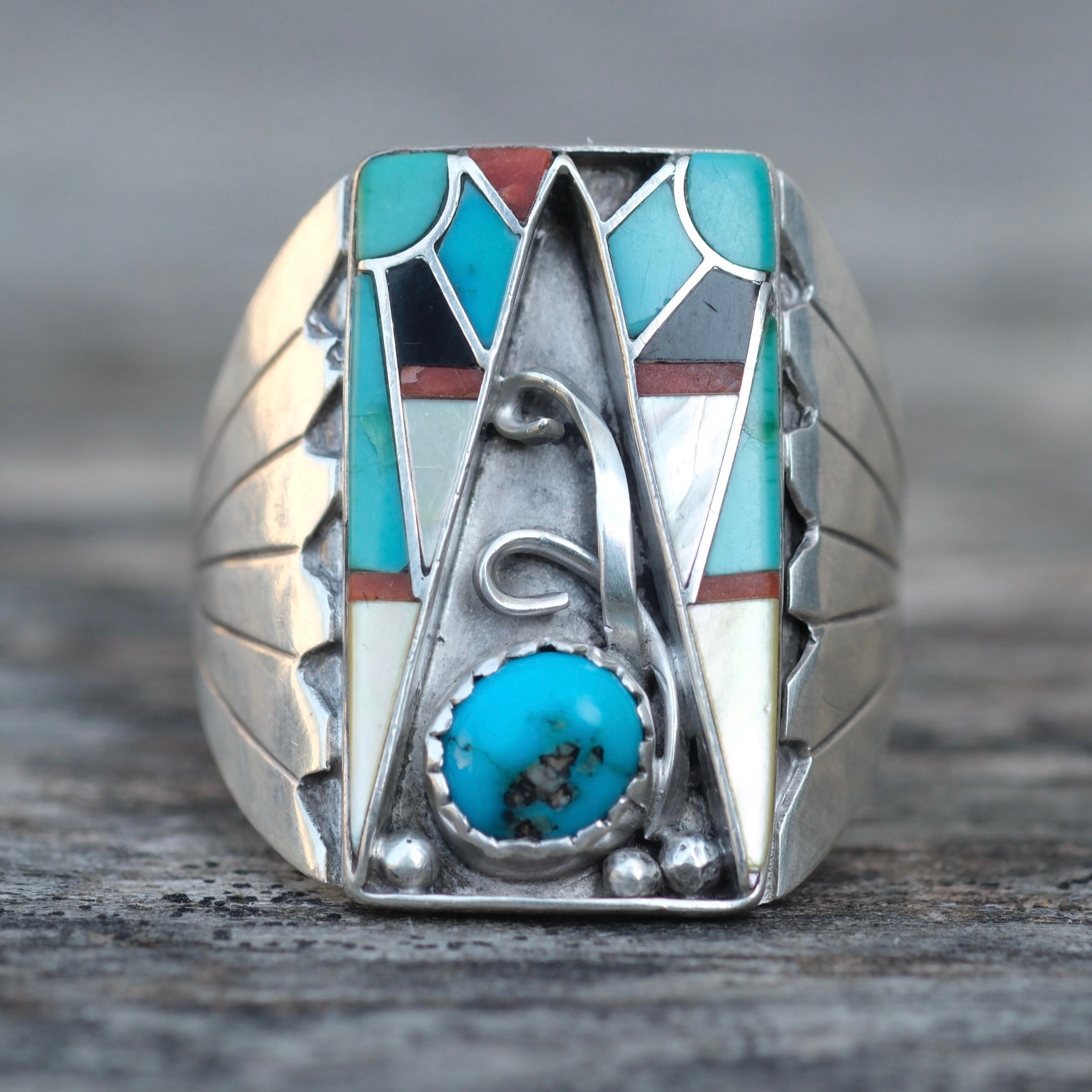 Vintage Sterling Zuni Inlay Ring 11.5