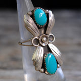 Vintage Sterling 2-Stone Turquoise Feather Ring 4.5