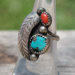 Vintage Sterling Turquoise and Coral Feather Ring 5.75