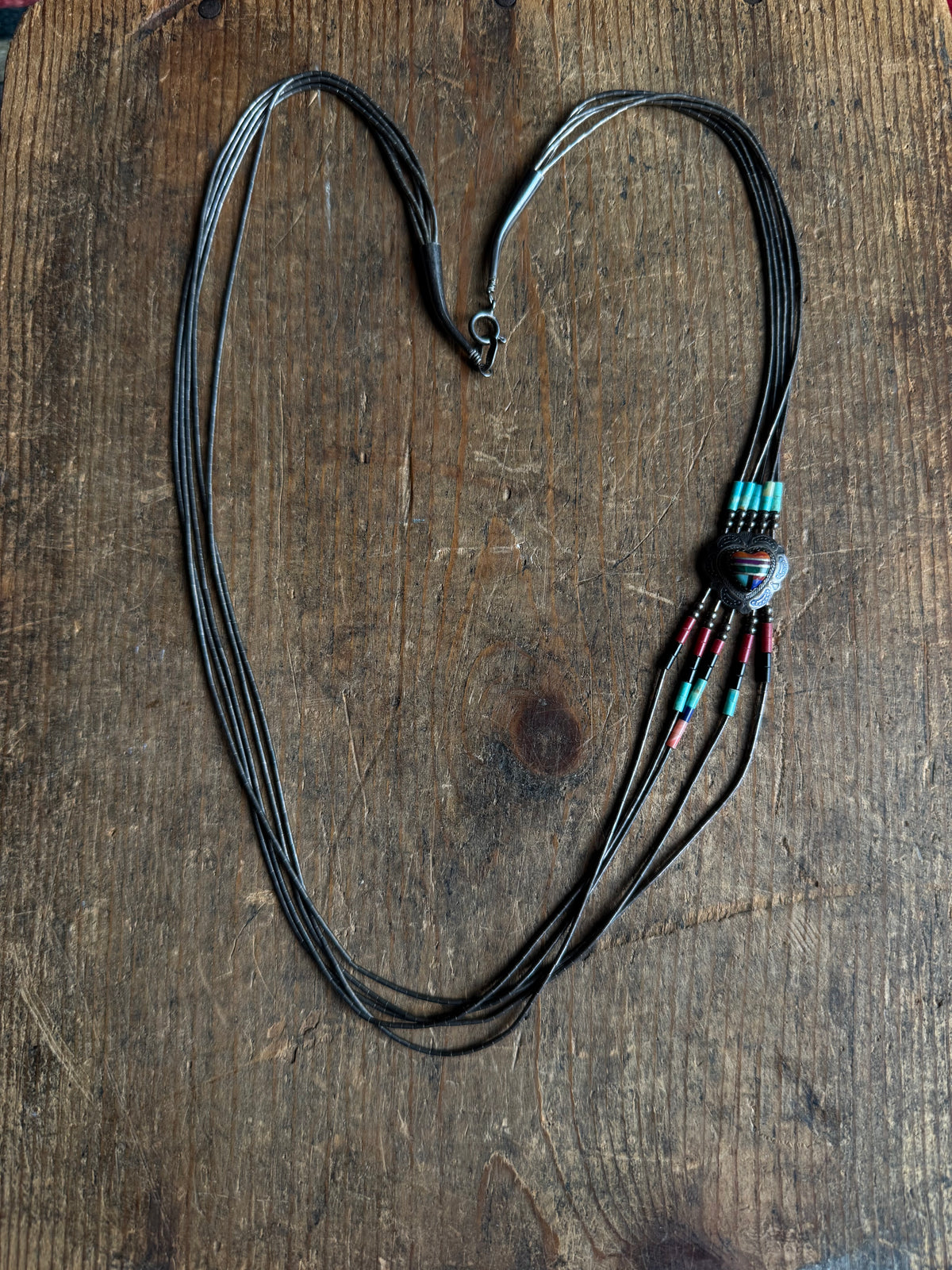 Vintage Sterling Silver Liquid Silver Beaded Multistone Heart Concho Necklace
