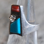 Vintage Sterling Turquoise and Coral CZ Ring 7