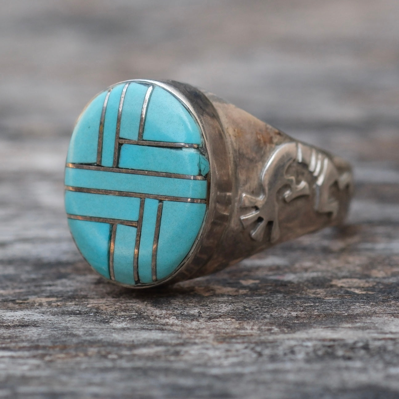Vintage Sterling Turquoise Inlay Kokopelli Ring 8.75