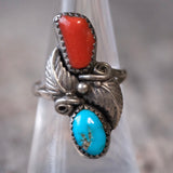 Vintage Sterling Turquoise and Coral Feather Ring 7