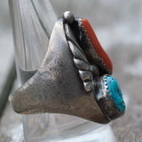 Vintage Sterling Turquoise and Coral Feather Ring 10.5