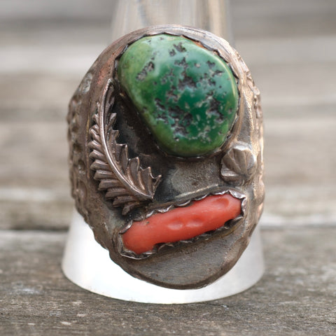 Vintage Sterling Turquoise and Coral Feather Ring 12.75