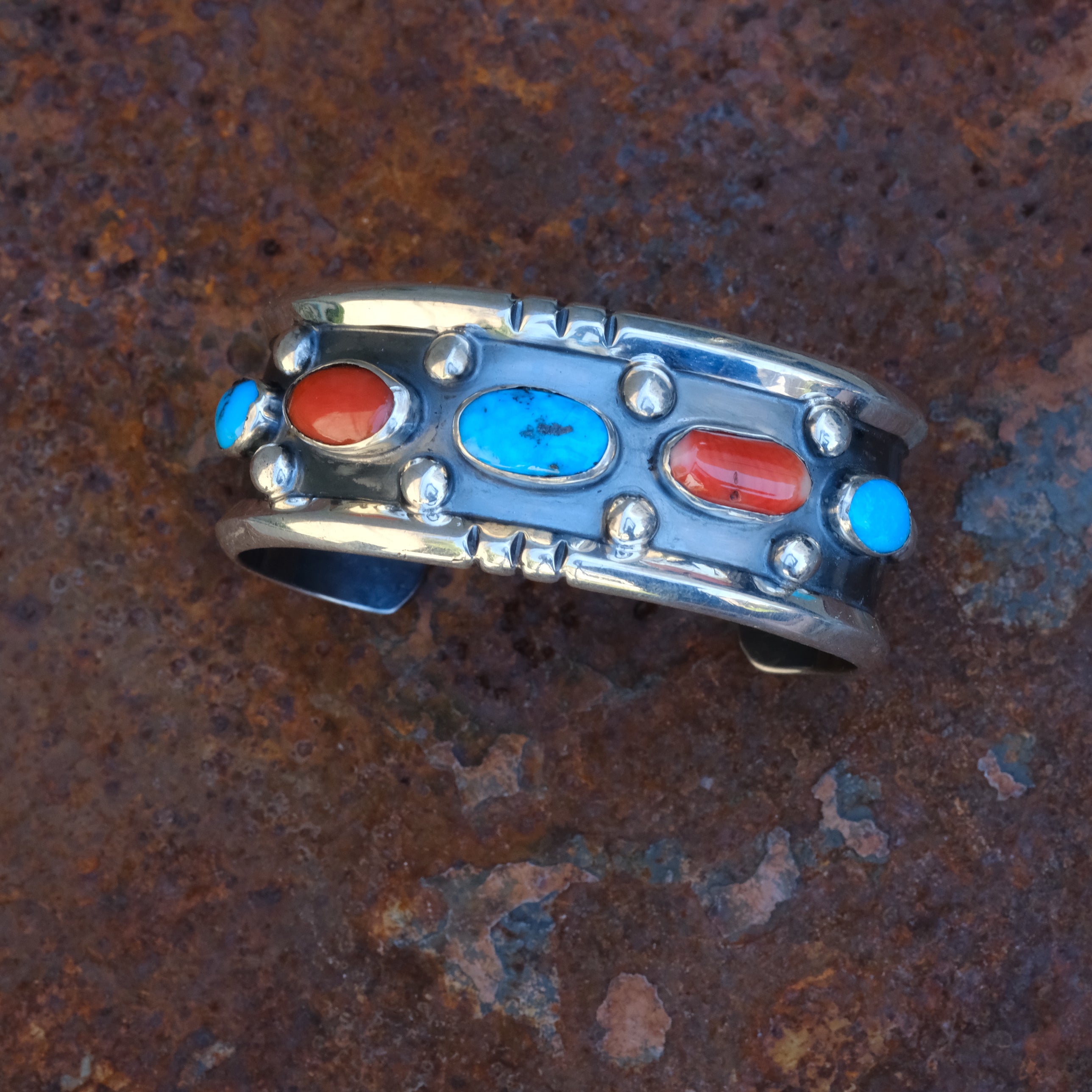 Vintage Sterling Turquoise and Coral Cuff Bracelet