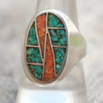 Vintage Sterling Turquoise and Coral Inlay Ring 9.75