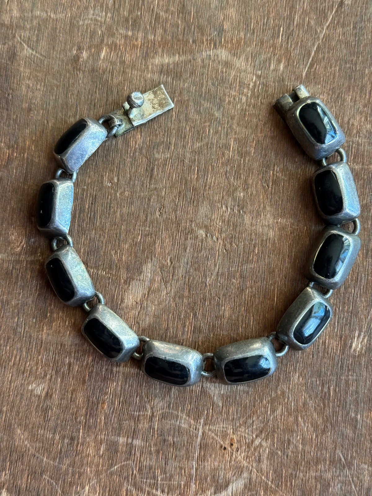 Vintage Sterling Silver 7” Onyx Inlay Chunk Square Link Bracelet