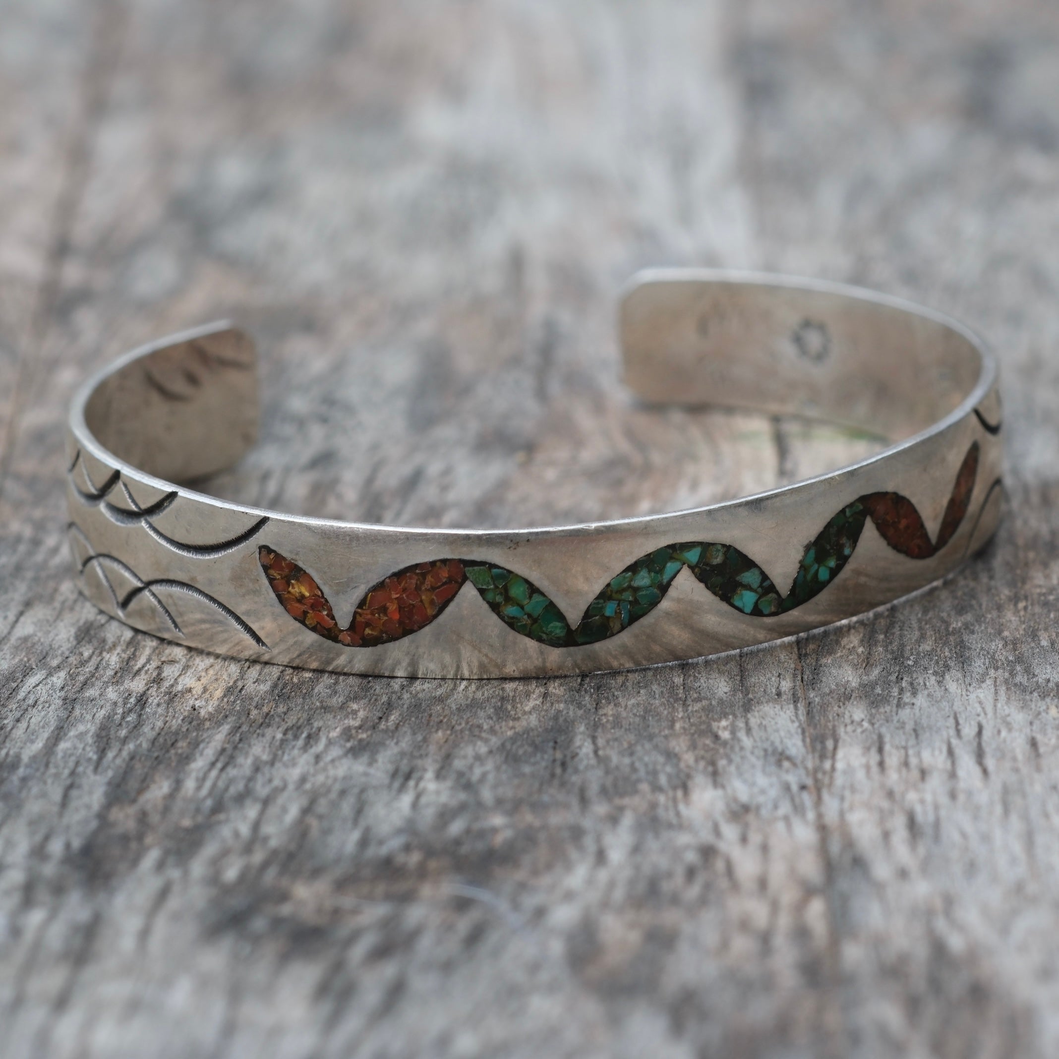 Vintage Sterling Turquoise and Coral Inlay Cuff Bracelet