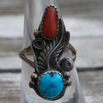 Vintage Sterling Turquoise and Coral Feather Ring 6.75