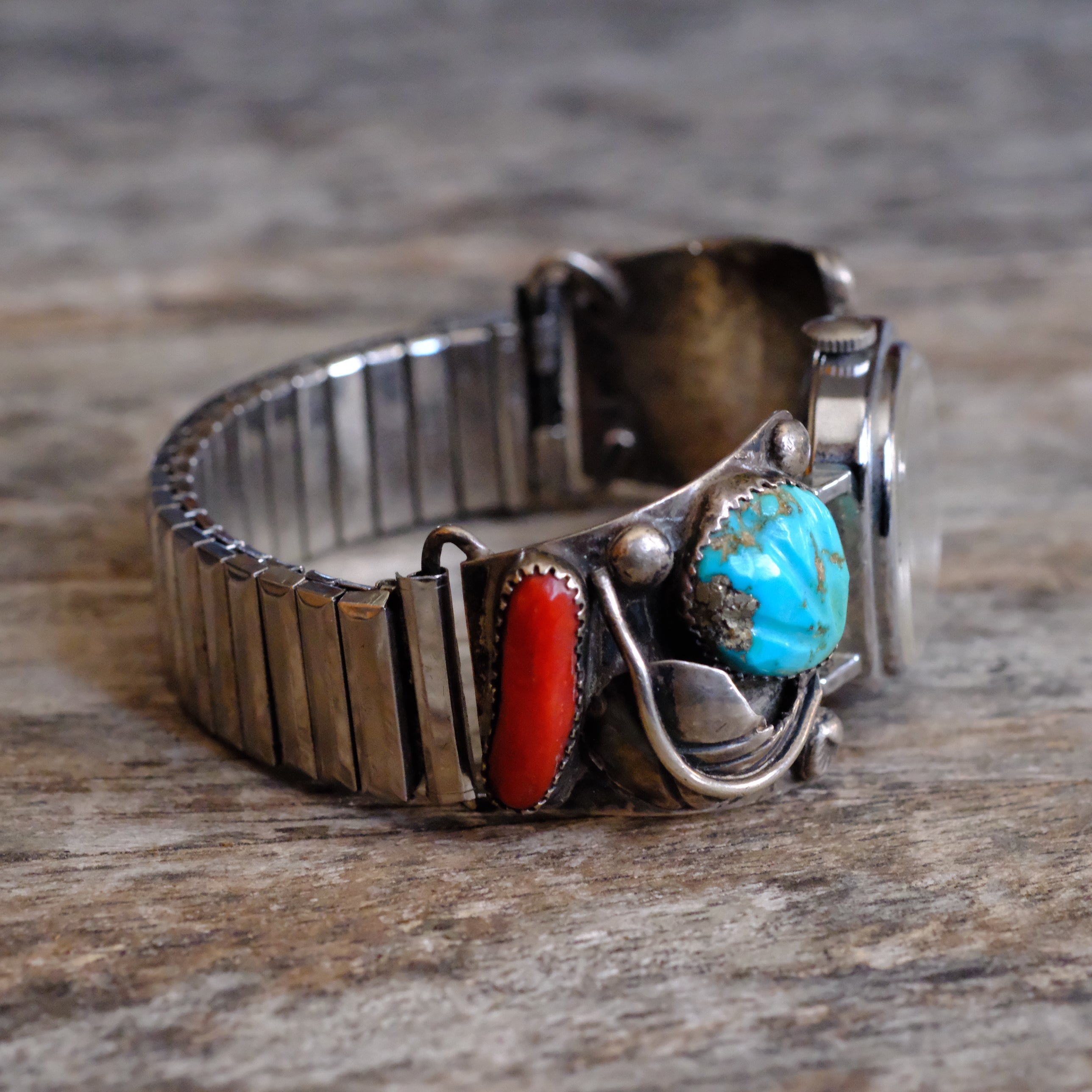 Vintage Sterling Faceted Turquoise and Coral Feather Watch