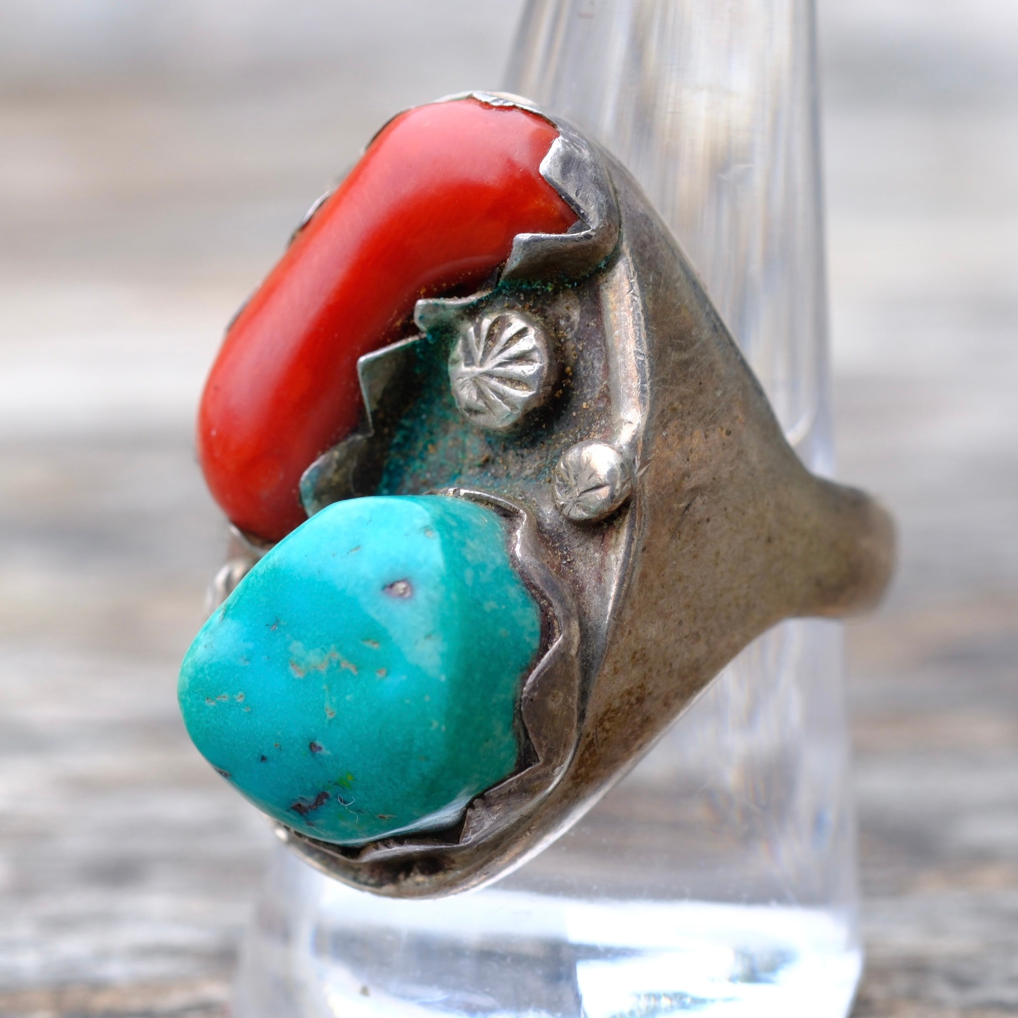 Vintage Sterling Turquoise and Coral Ring 9.5