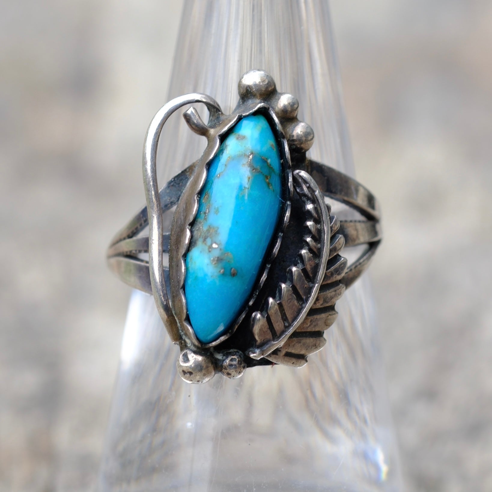 Vintage Sterling Turquoise Feather Ring 6.75