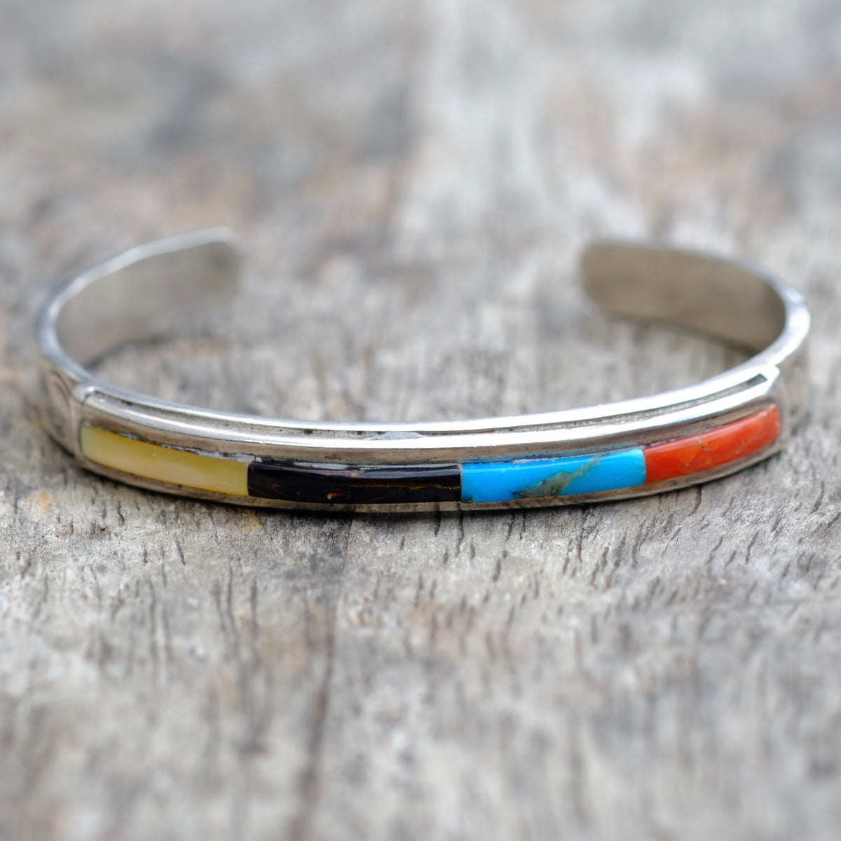 Vintage Sterling Multistone Inlay Cuff Bracelet