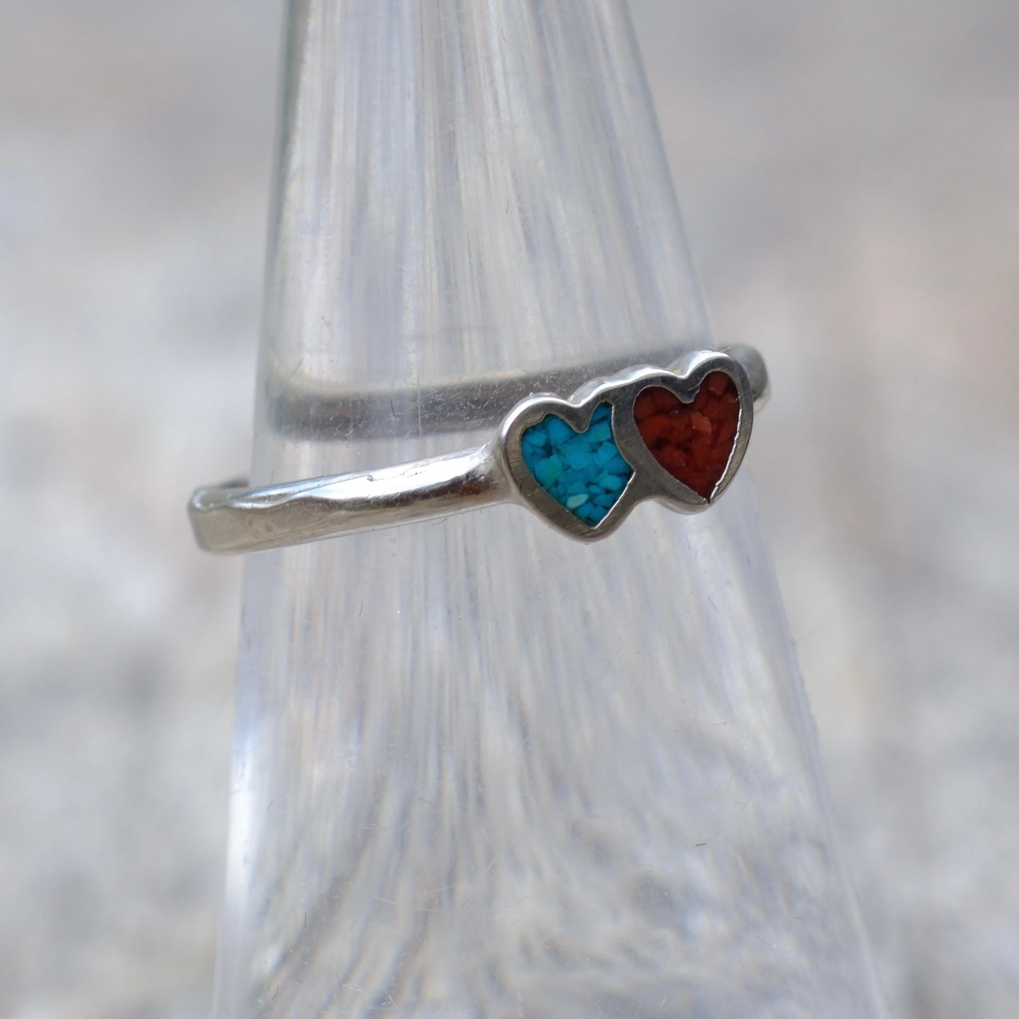 Vintage Sterling Silver Crushed Coral & Turquoise Heart Ring 5.25
