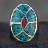Vintage Sterling Crushed Turquoise and Coral Inlay Ring 10