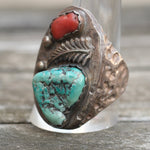 Vintage Sterling Turquoise and Coral Feather Ring 11.75