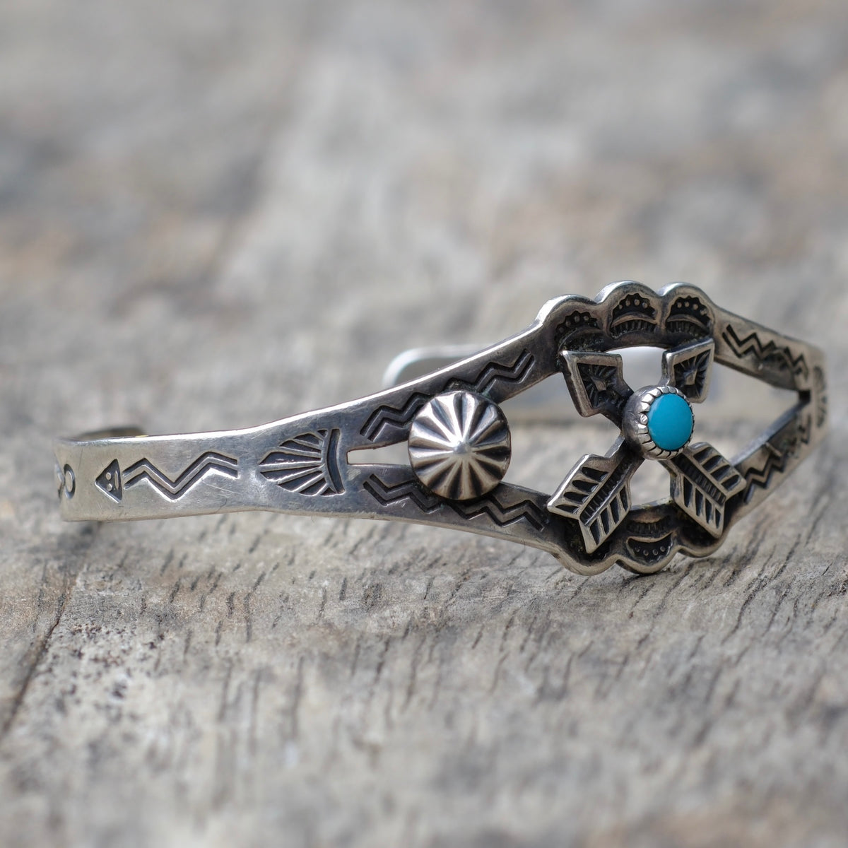 Vintage Sterling Crossed Arrows Turquoise Cuff Bracelet