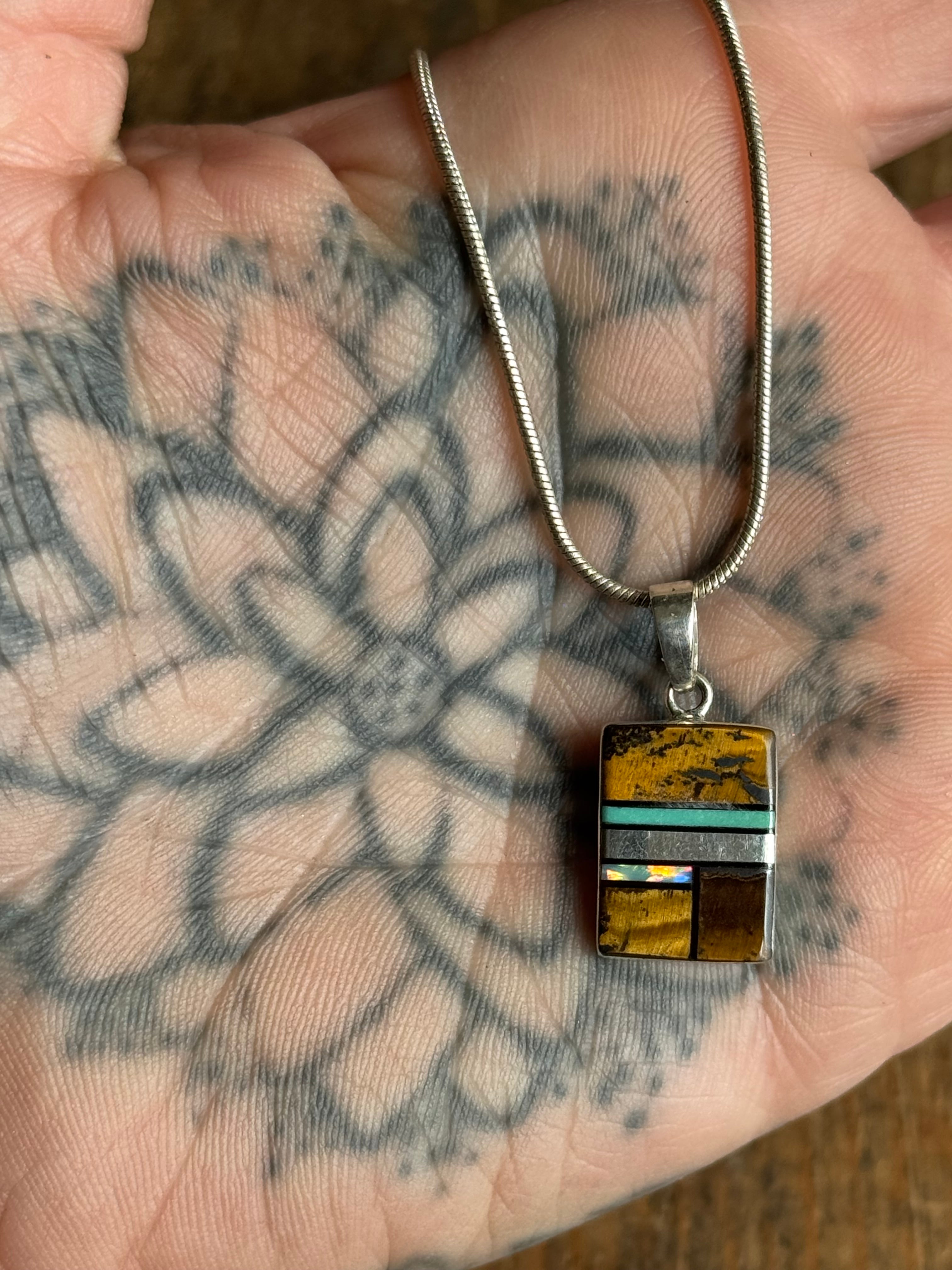 Vintage Sterling Silver Multistone Inlay Square 20" Necklace